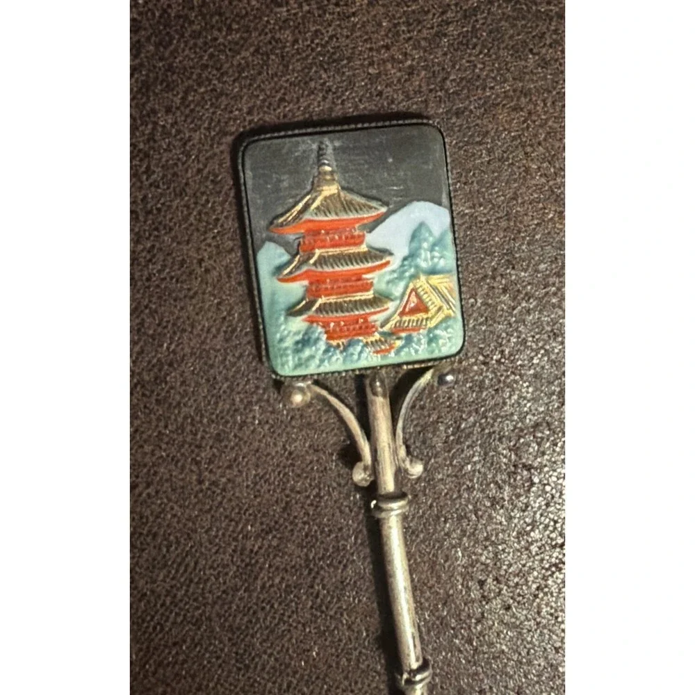 TOSHIKANE Japanese Okame Sterling Silver & Hand Painted Porcelain Souvenir Spoon